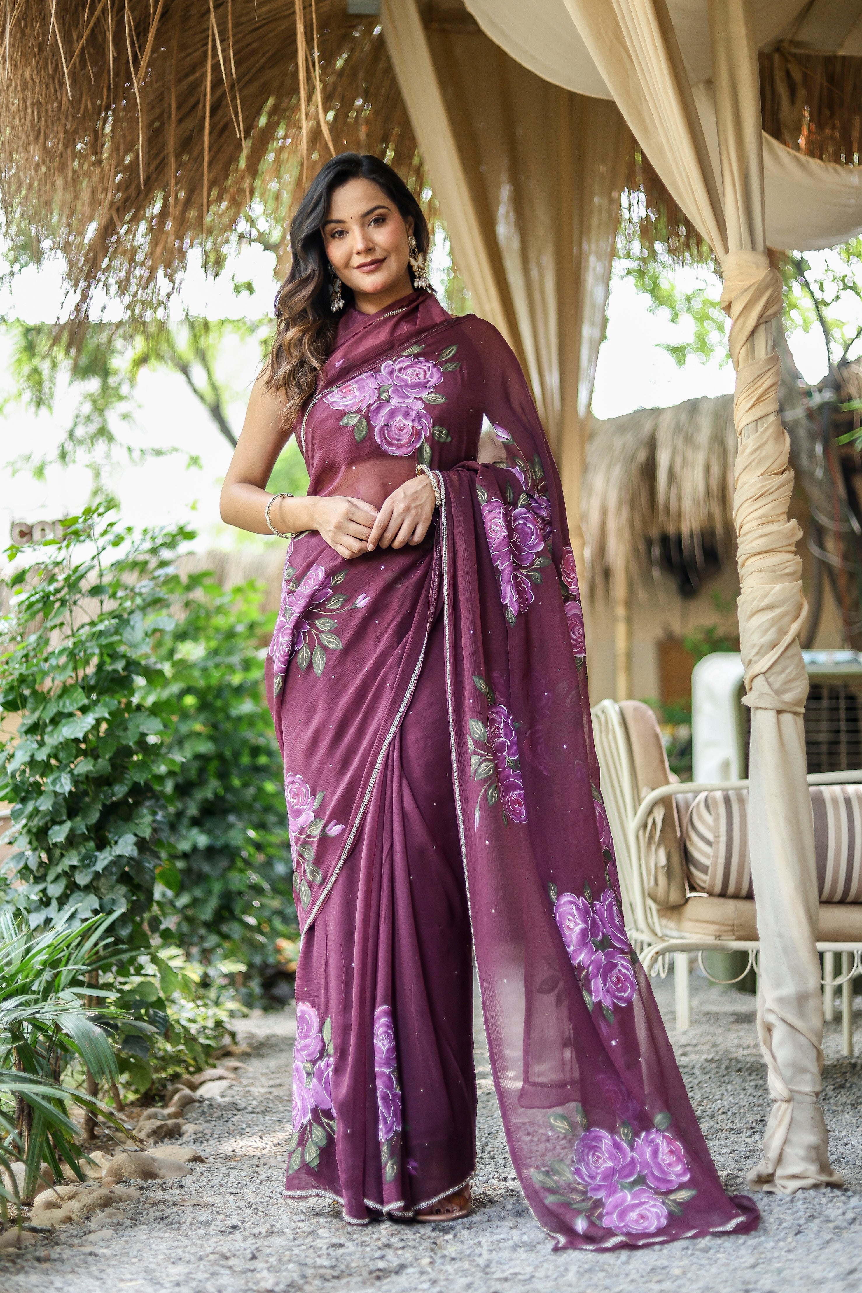 Amethyst Bloom (Handpainted & Hand-Embroidered Chiffon Saree)