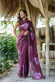 Amethyst Bloom (Handpainted & Hand-Embroidered Chiffon Saree)