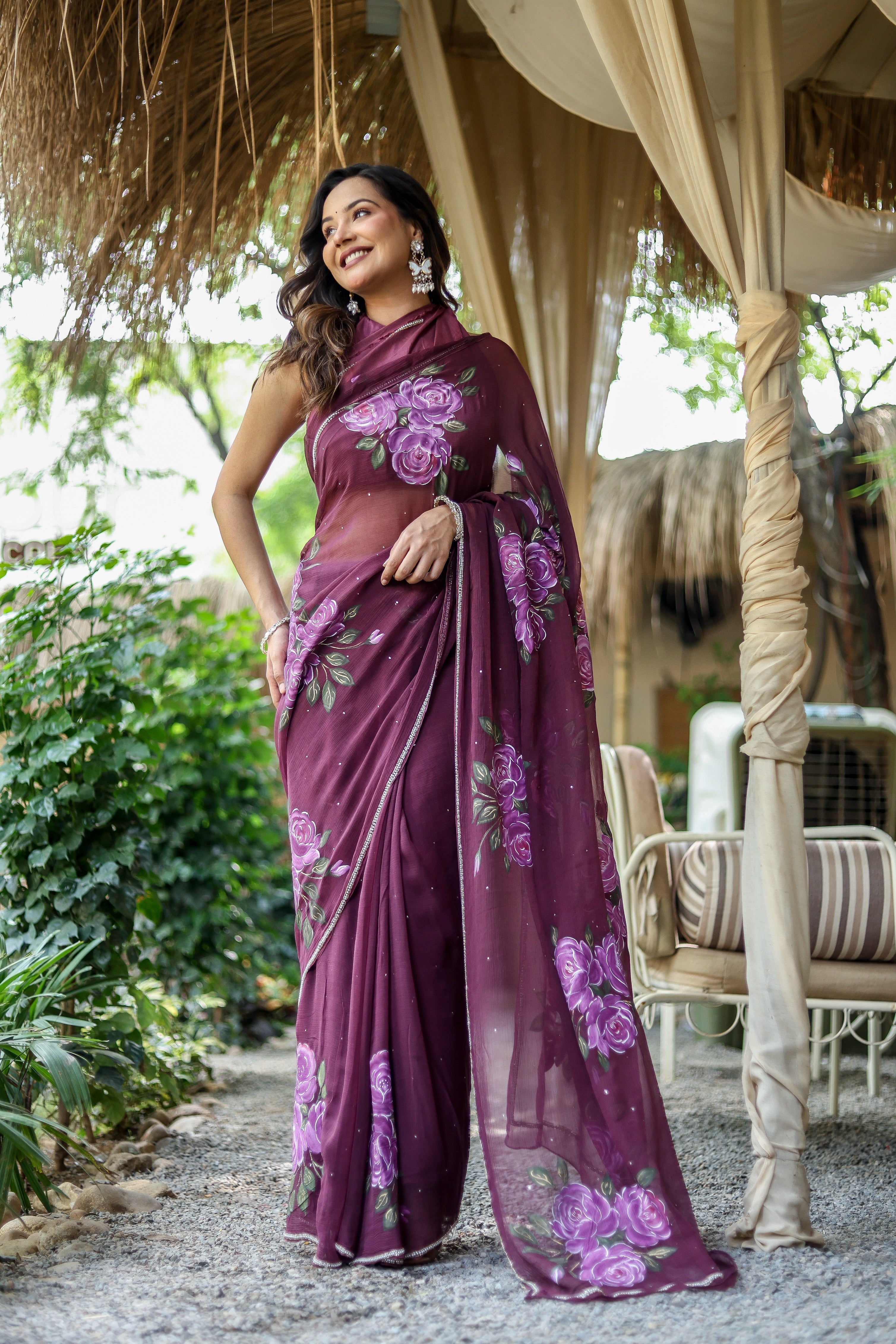 Amethyst Bloom (Handpainted & Hand-Embroidered Chiffon Saree)
