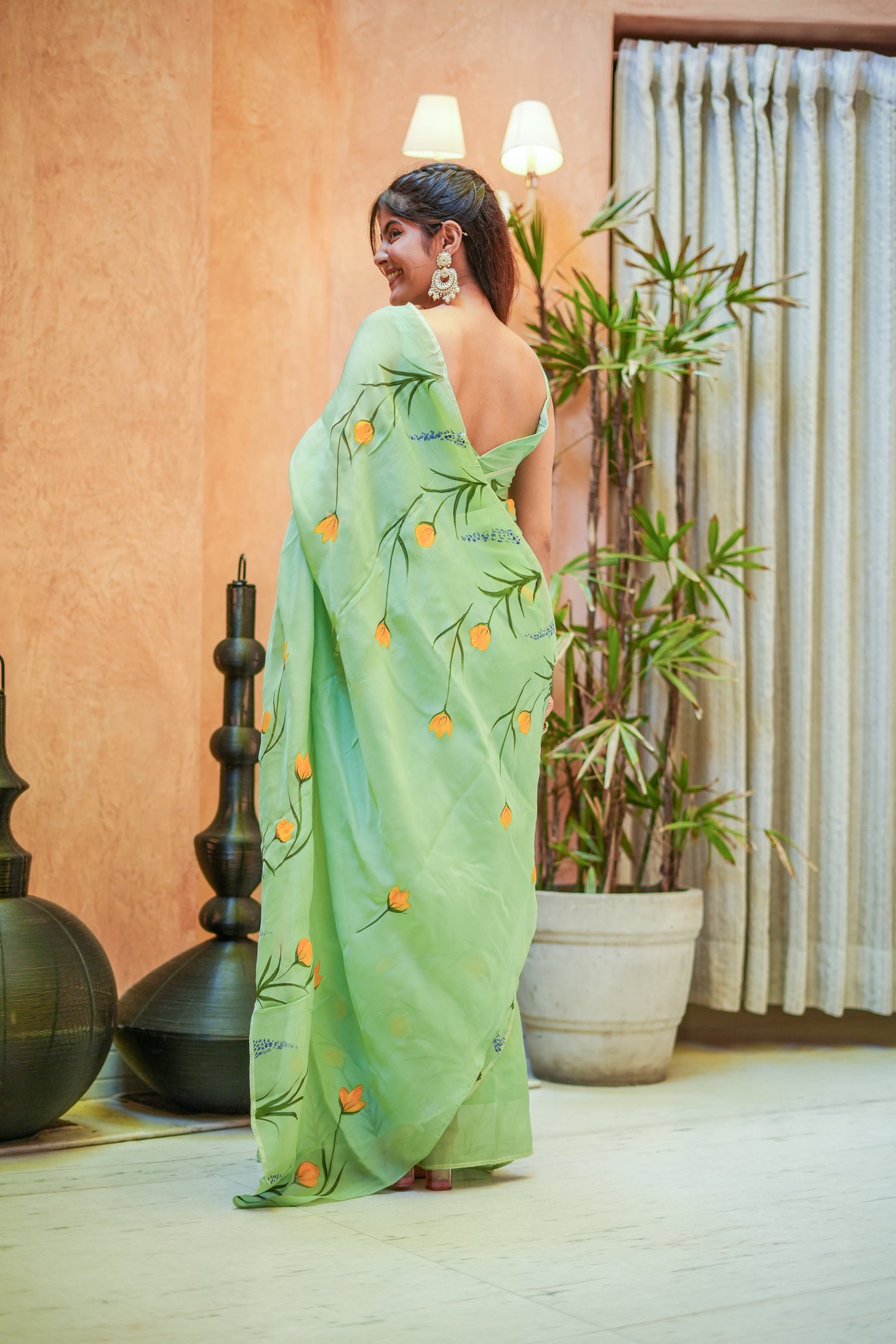 Green Glimmer (Handpainted Organza Saree)