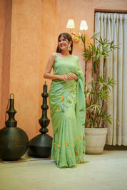 Green Glimmer (Handpainted Organza Saree)