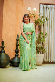 Green Glimmer (Handpainted Organza Saree)