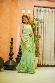 Green Glimmer (Handpainted Organza Saree)