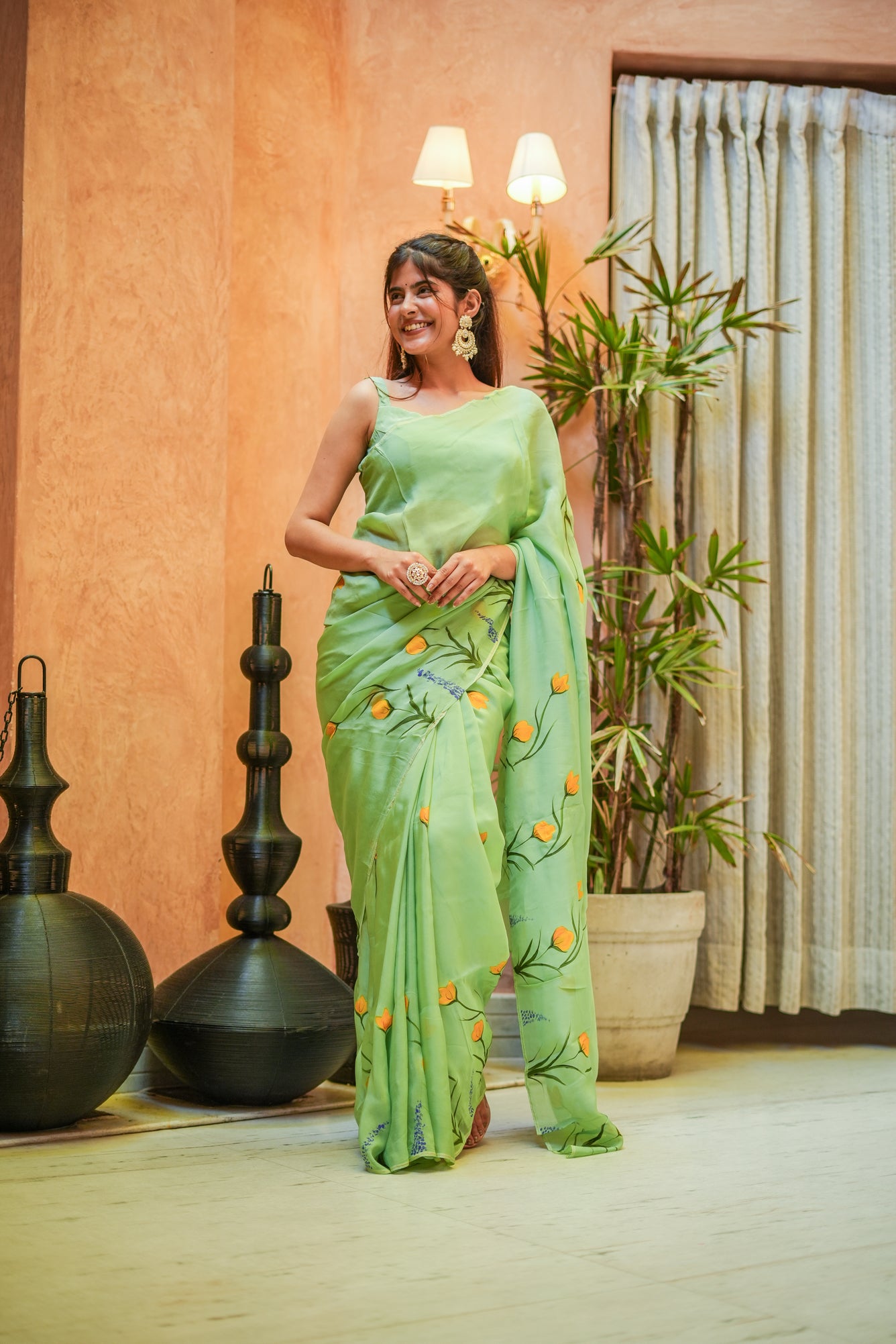 Green Glimmer (Handpainted Organza Saree)