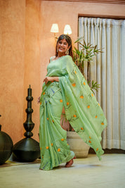 Green Glimmer (Handpainted Organza Saree)