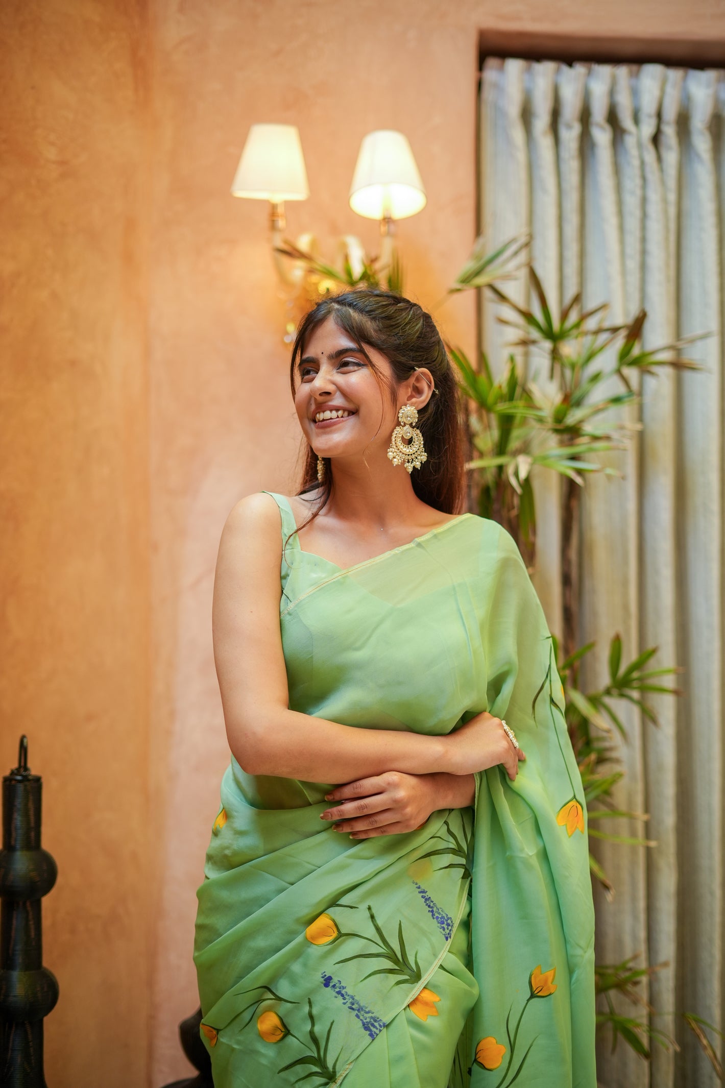 Green Glimmer (Handpainted Organza Saree)