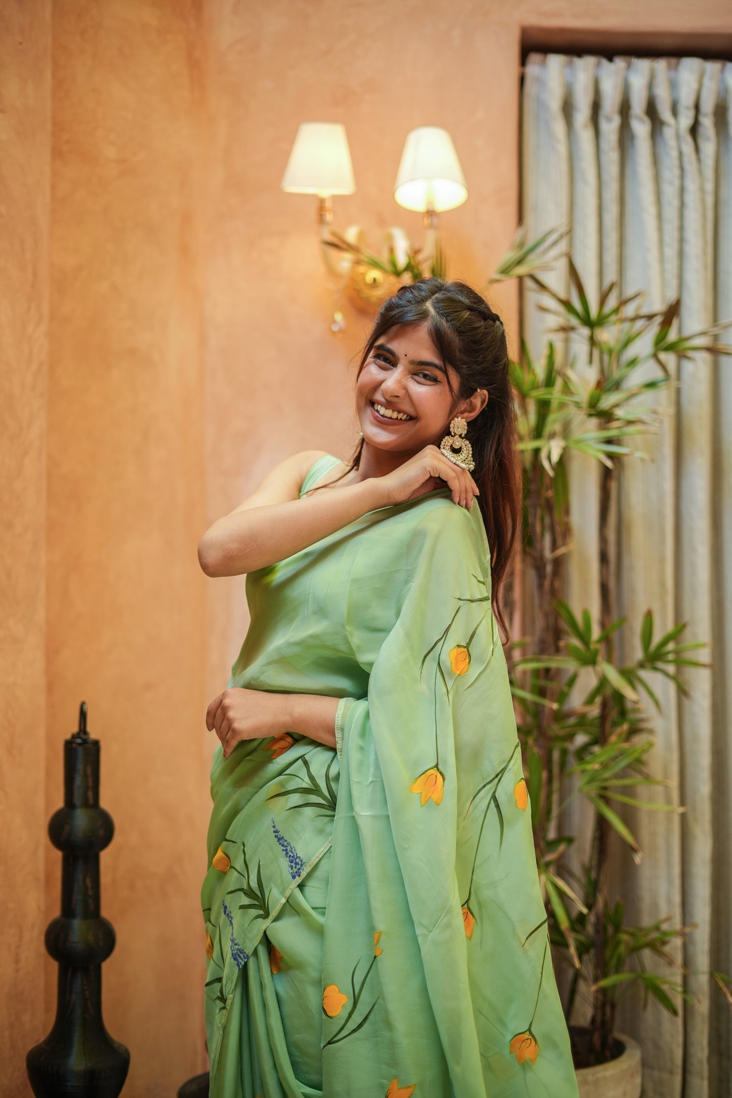 Green Glimmer (Handpainted Organza Saree)