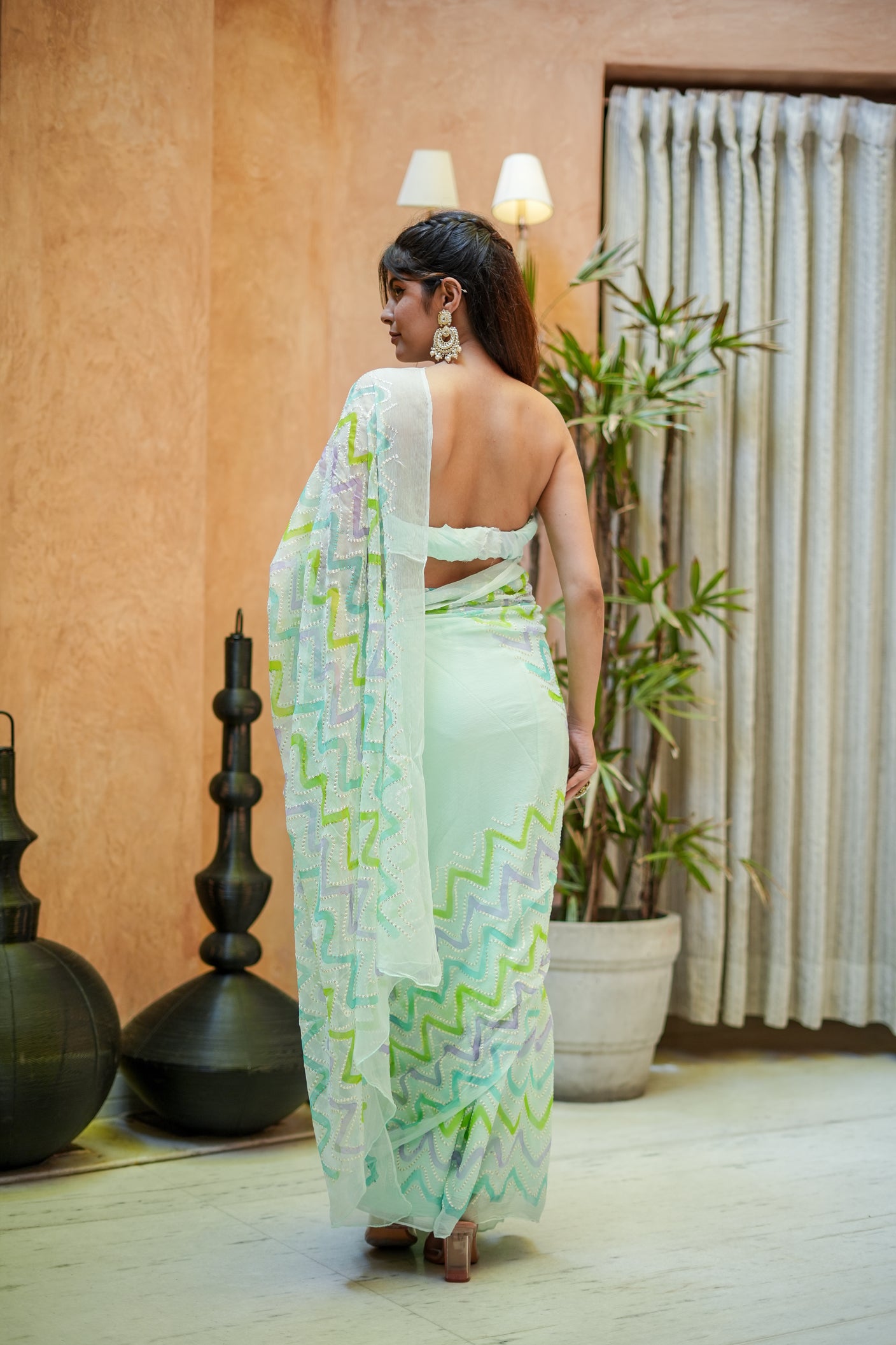 Willow Whisper (Embroidered & Handpainted Chiffon Saree)