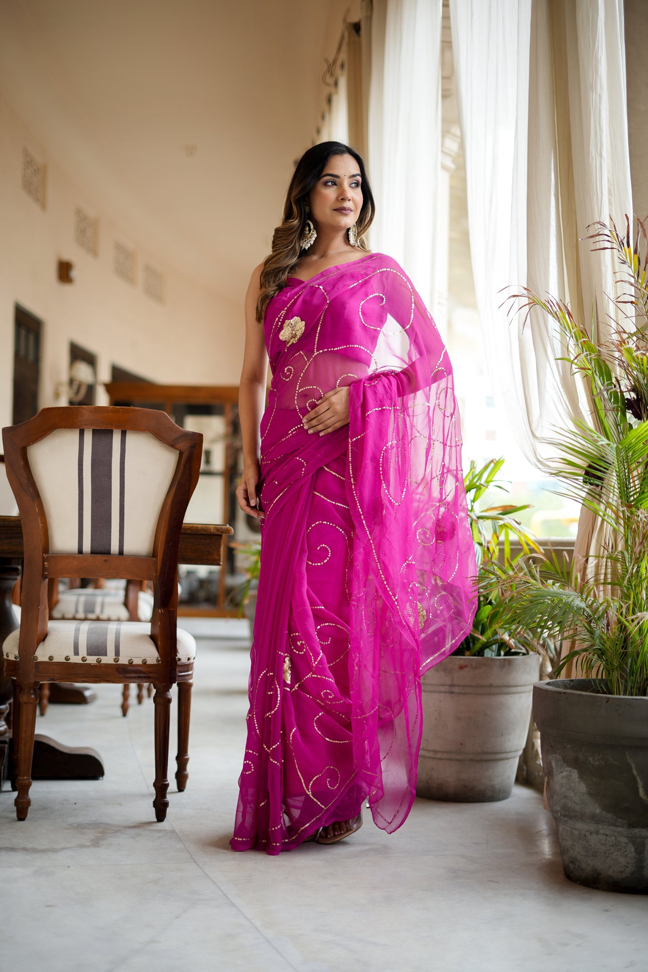 Rani Chiffon Jaal (HandEmbroidered Chiffon Saree)