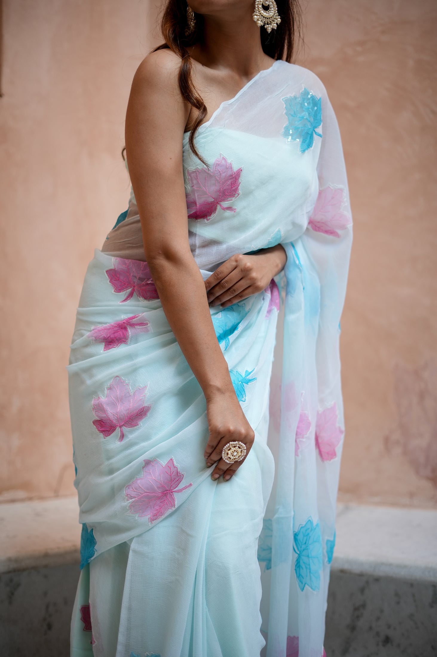 Horizon Maple (Embroidered & Handpainted Chiffon Saree)