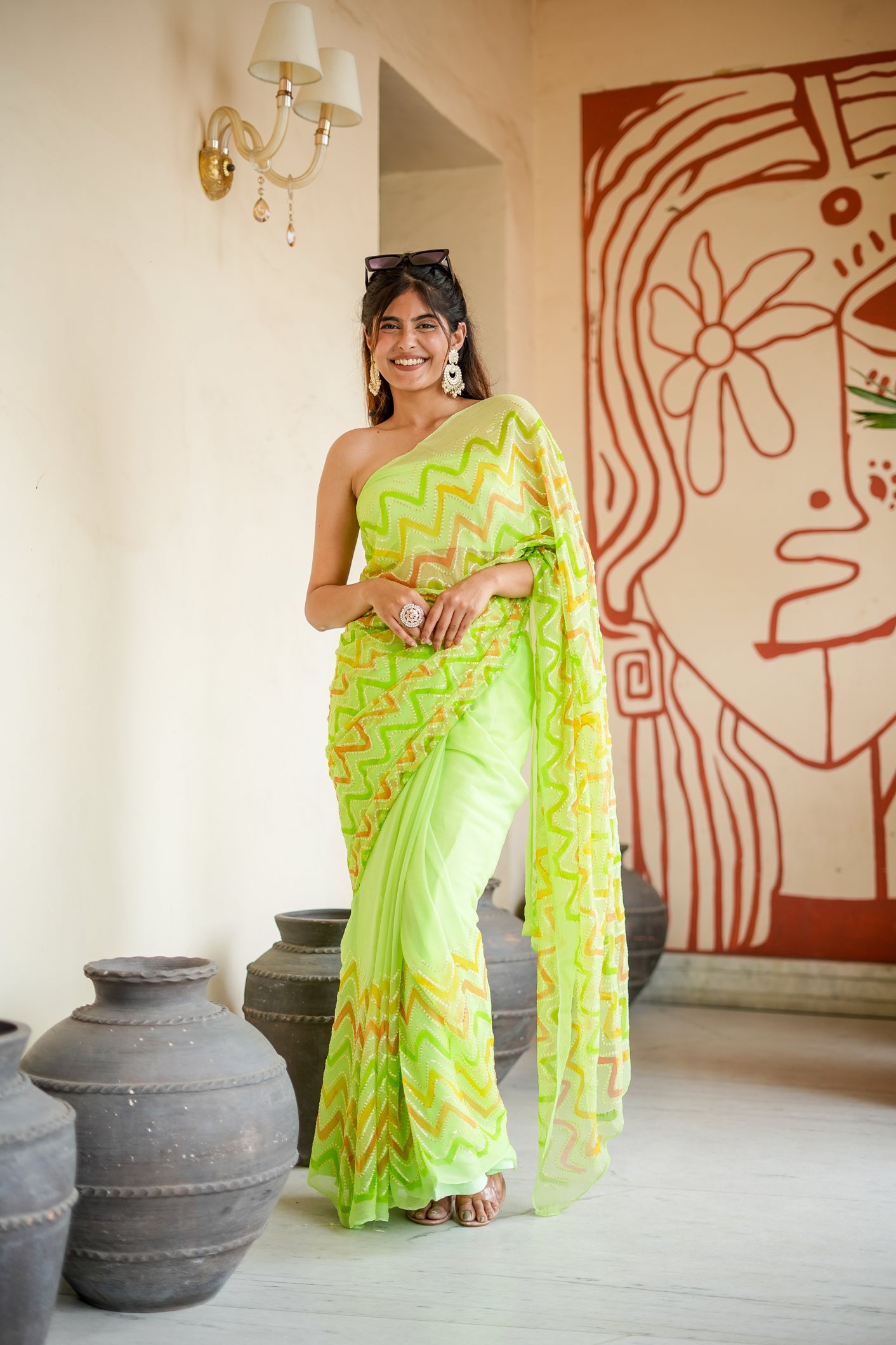 Glamorous Lehriya (Embroidered & Handpainted Chiffon Saree)