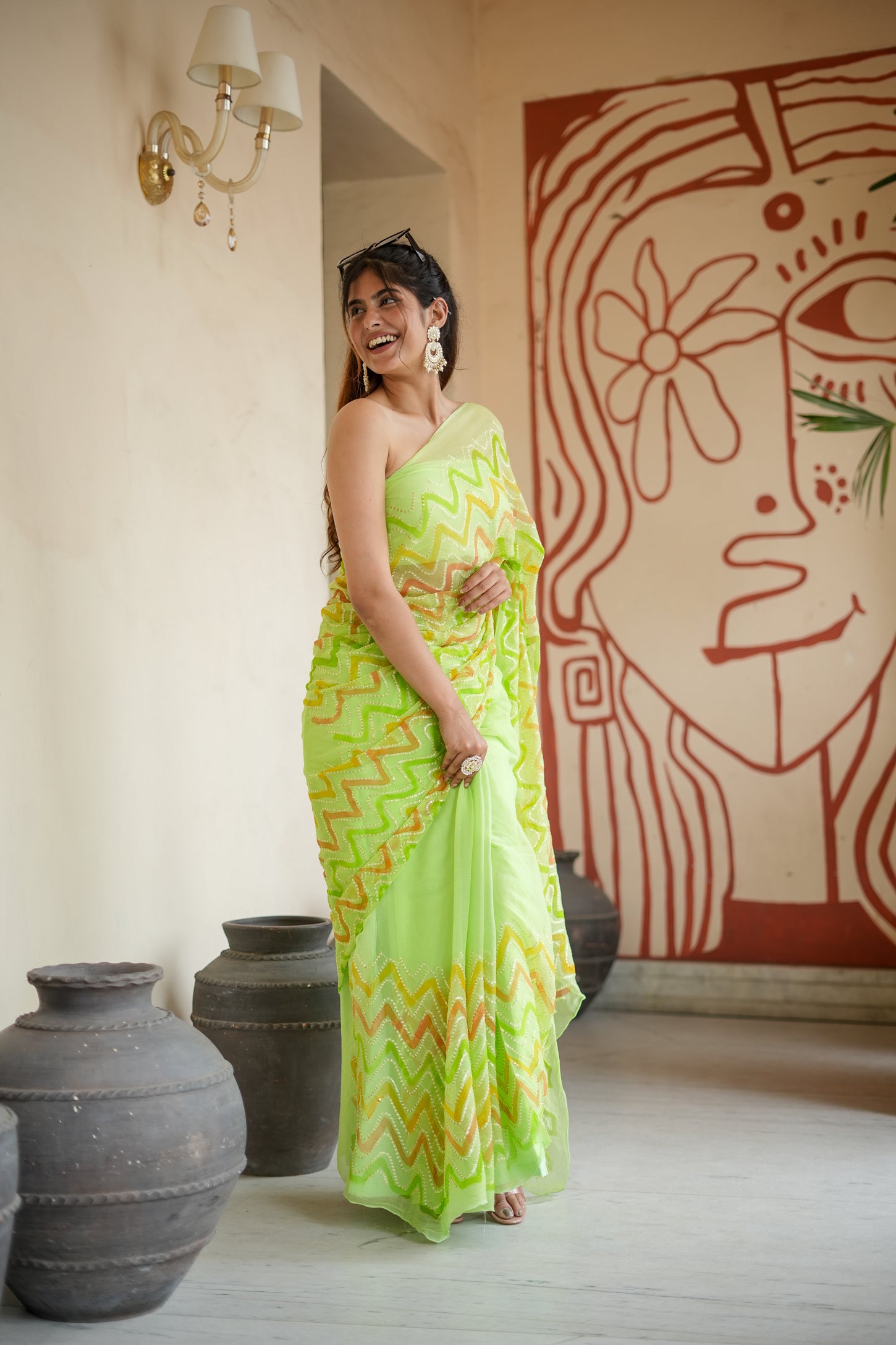 Glamorous Lehriya (Embroidered & Handpainted Chiffon Saree)