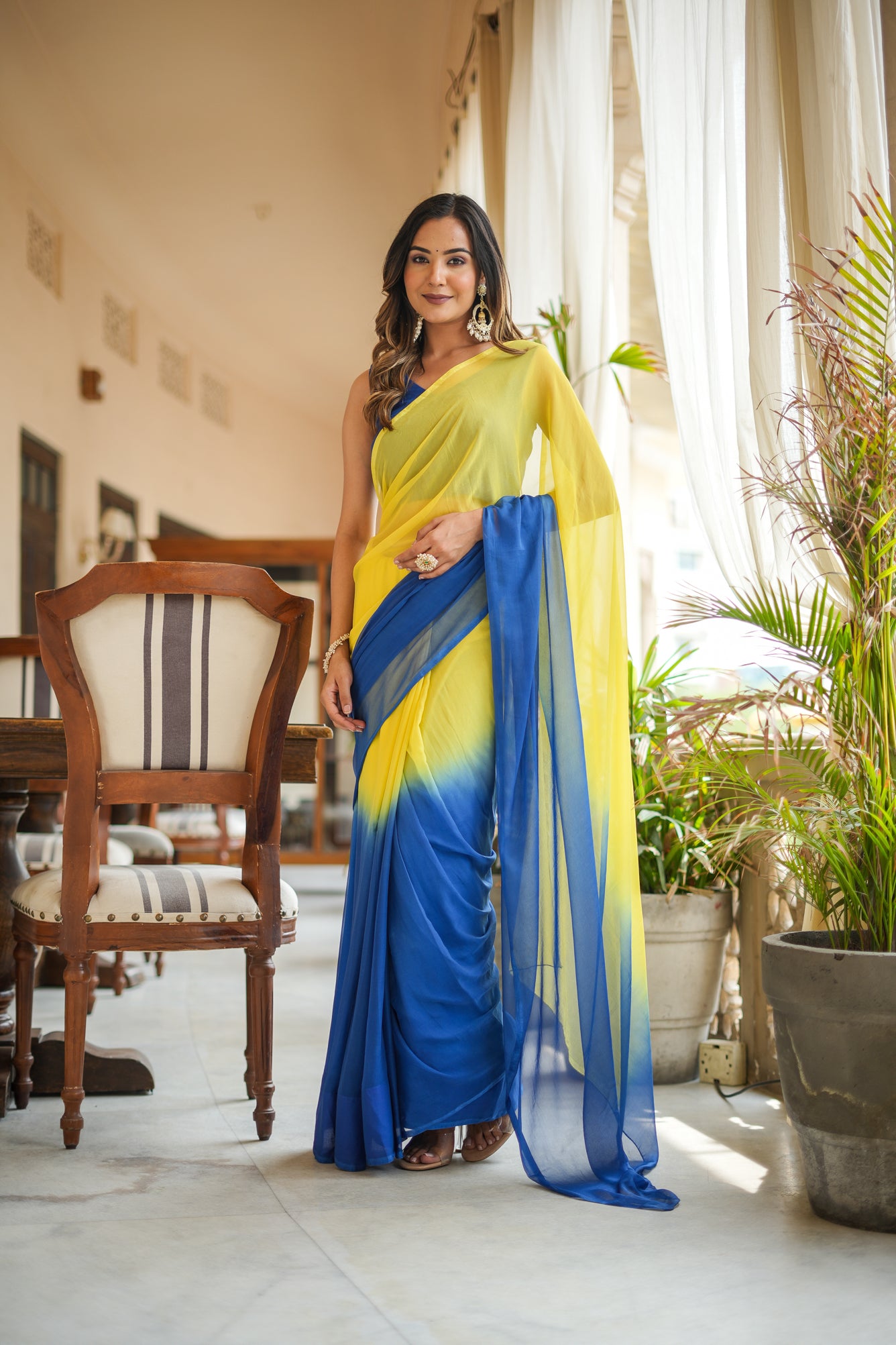 Yellow Blue Shaded Chiffon Saree