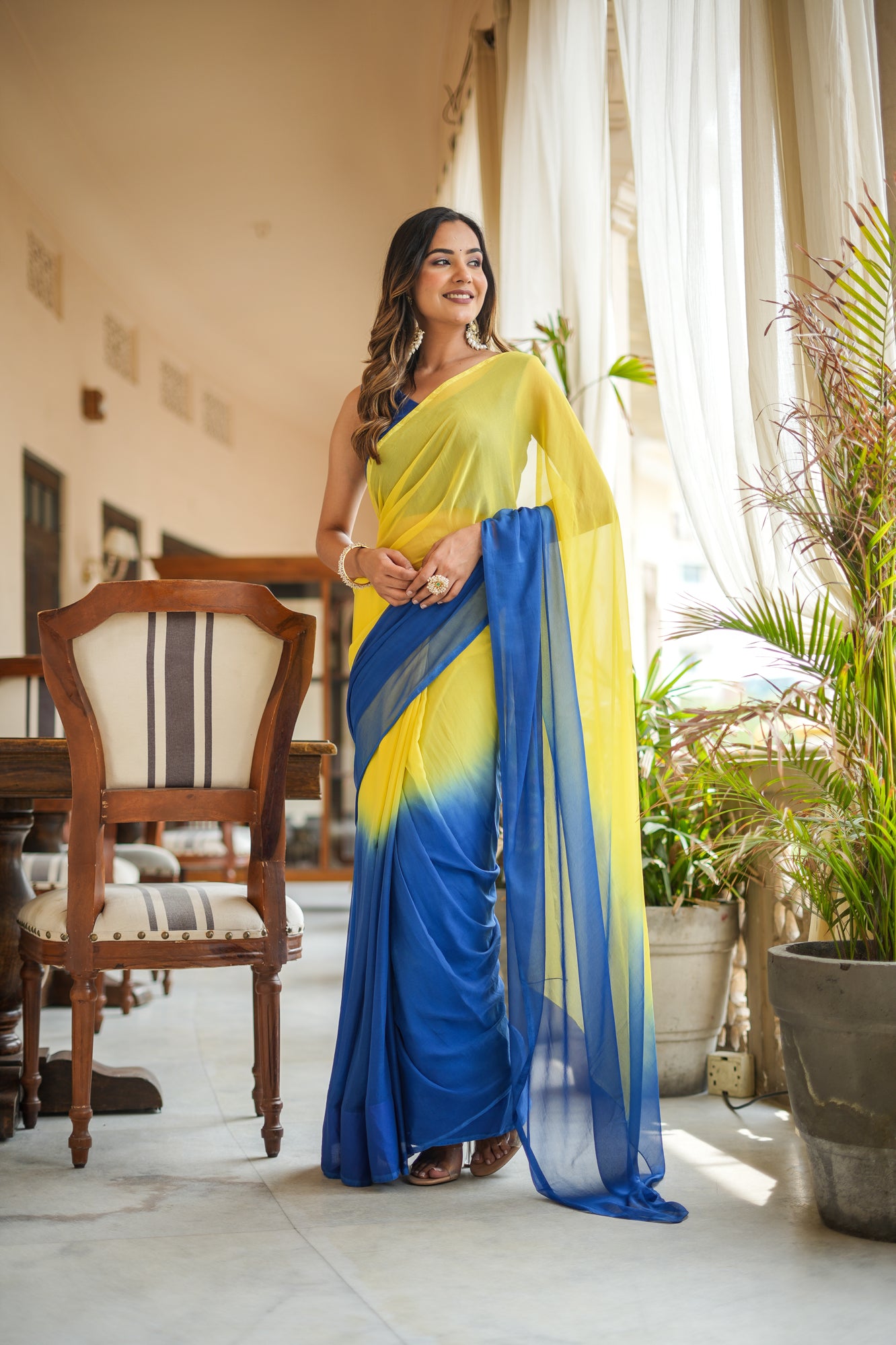 Yellow Blue Shaded Chiffon Saree