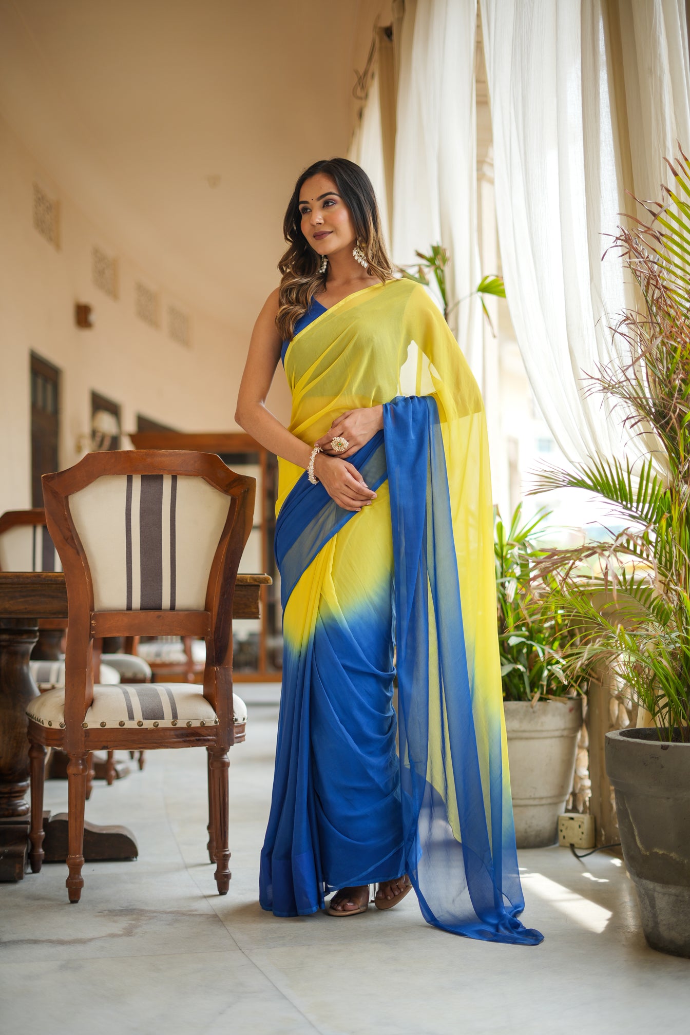 Yellow Blue Shaded Chiffon Saree