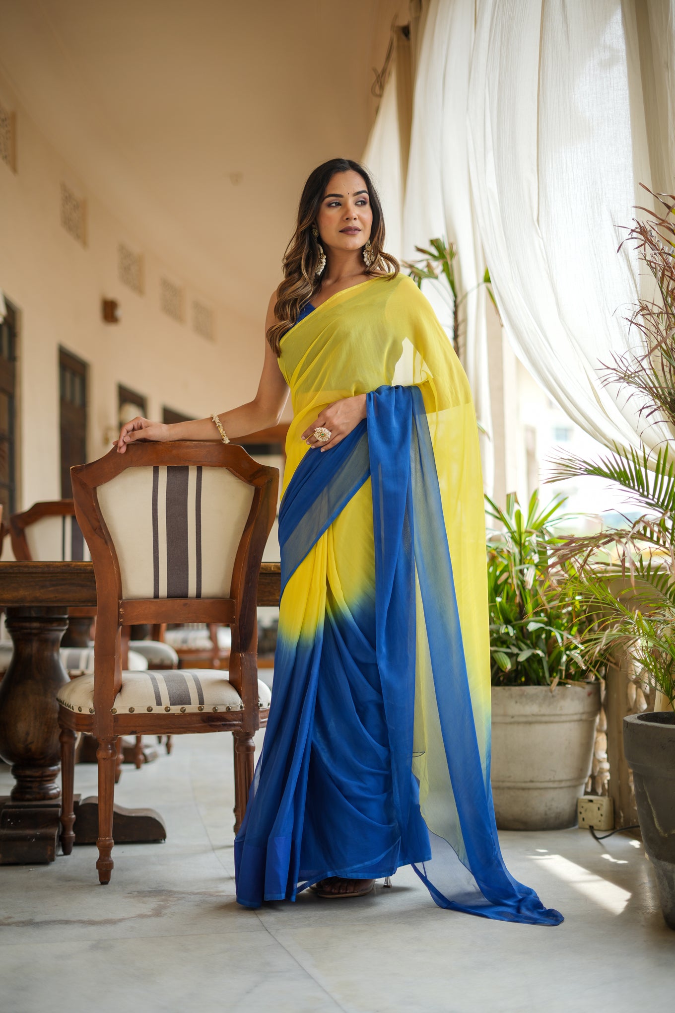 Yellow Blue Shaded Chiffon Saree