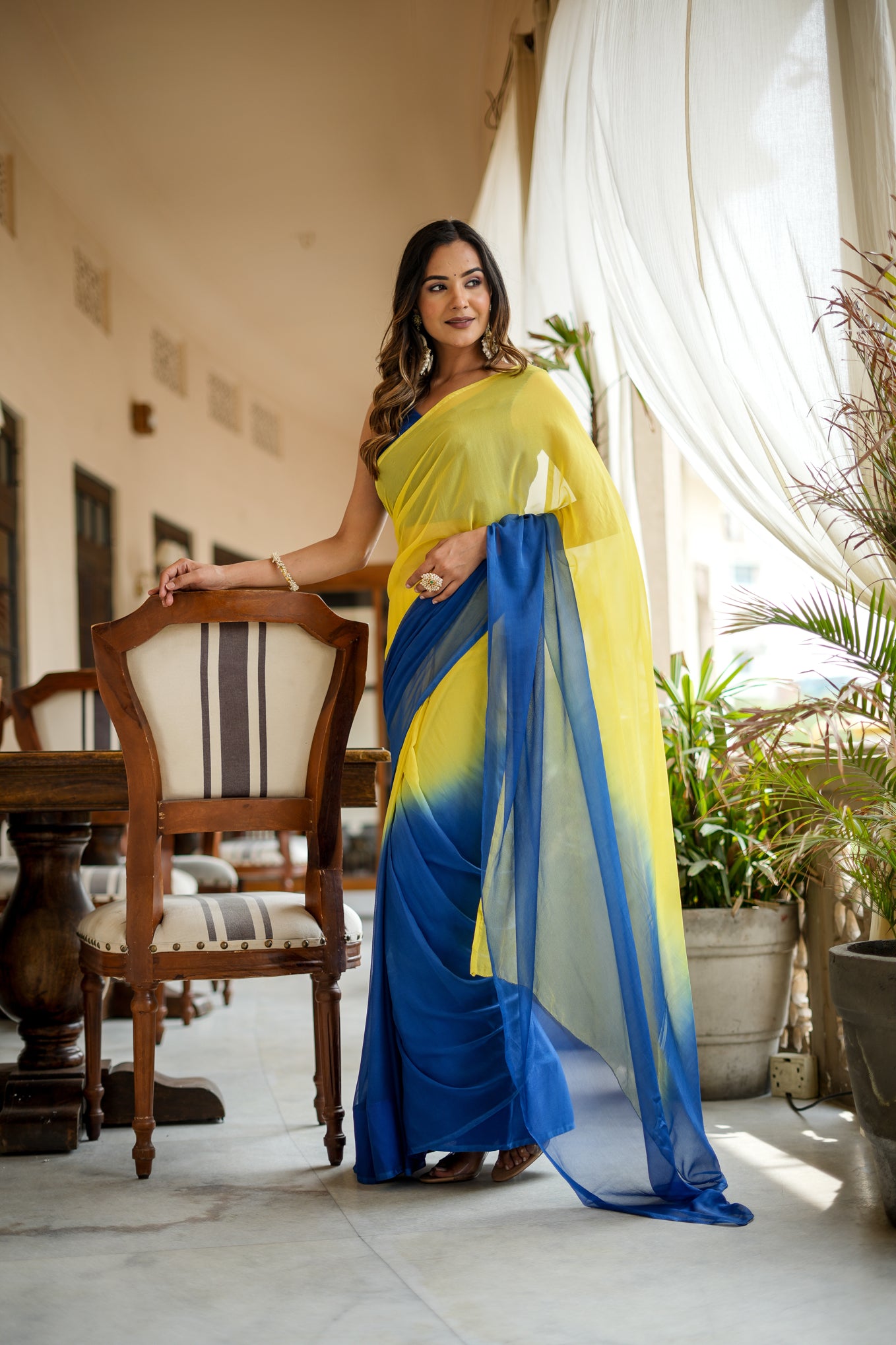 Yellow Blue Shaded Chiffon Saree