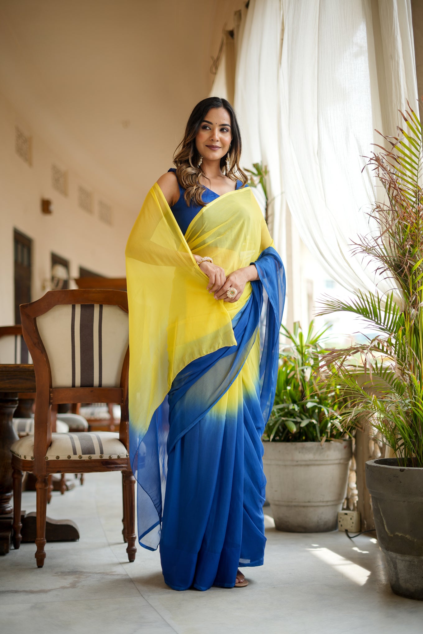 Yellow Blue Shaded Chiffon Saree