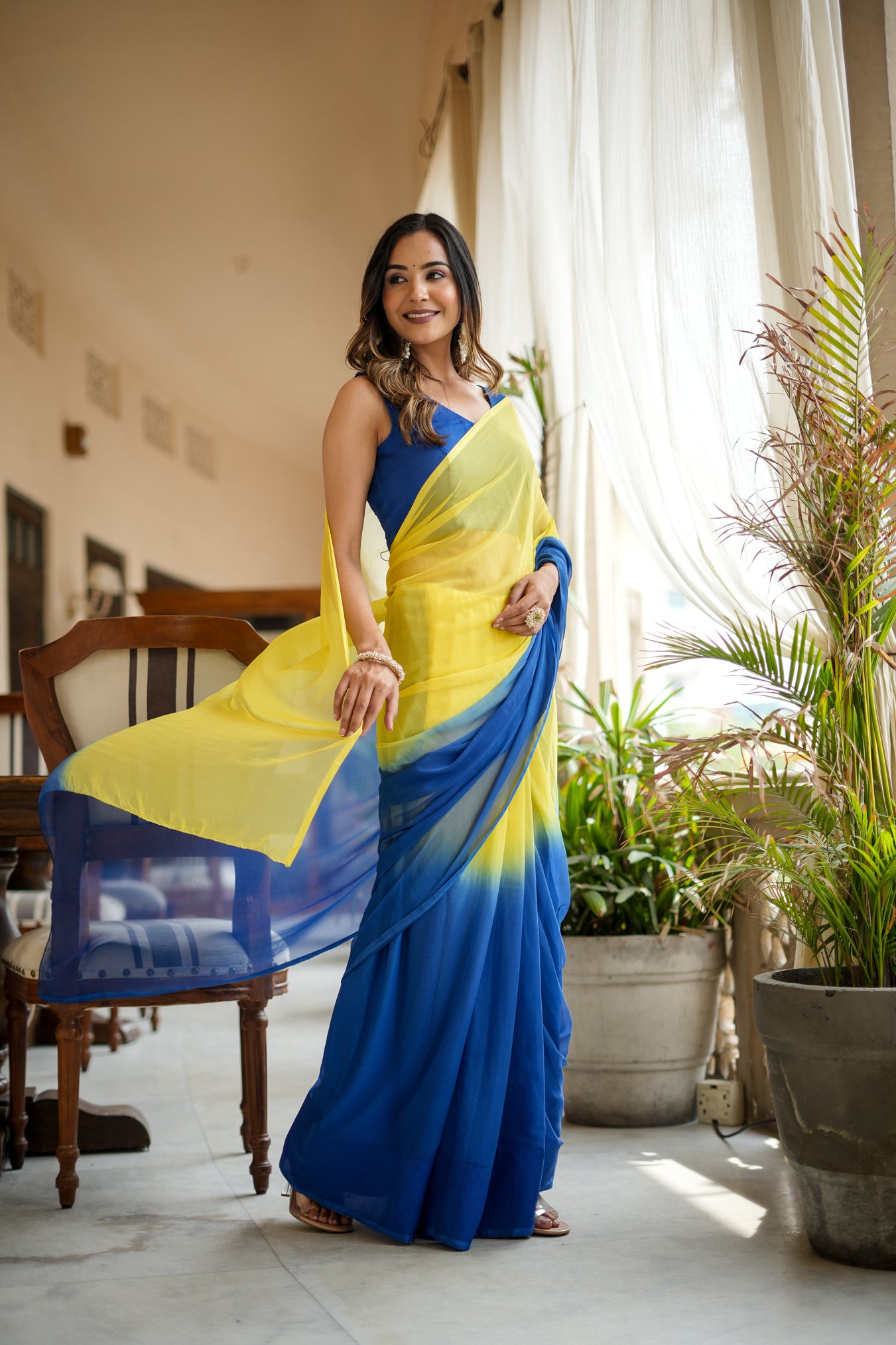 Yellow Blue Shaded Chiffon Saree