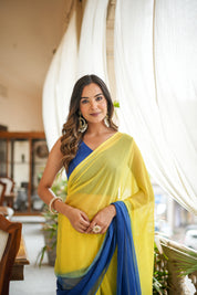 Yellow Blue Shaded Chiffon Saree