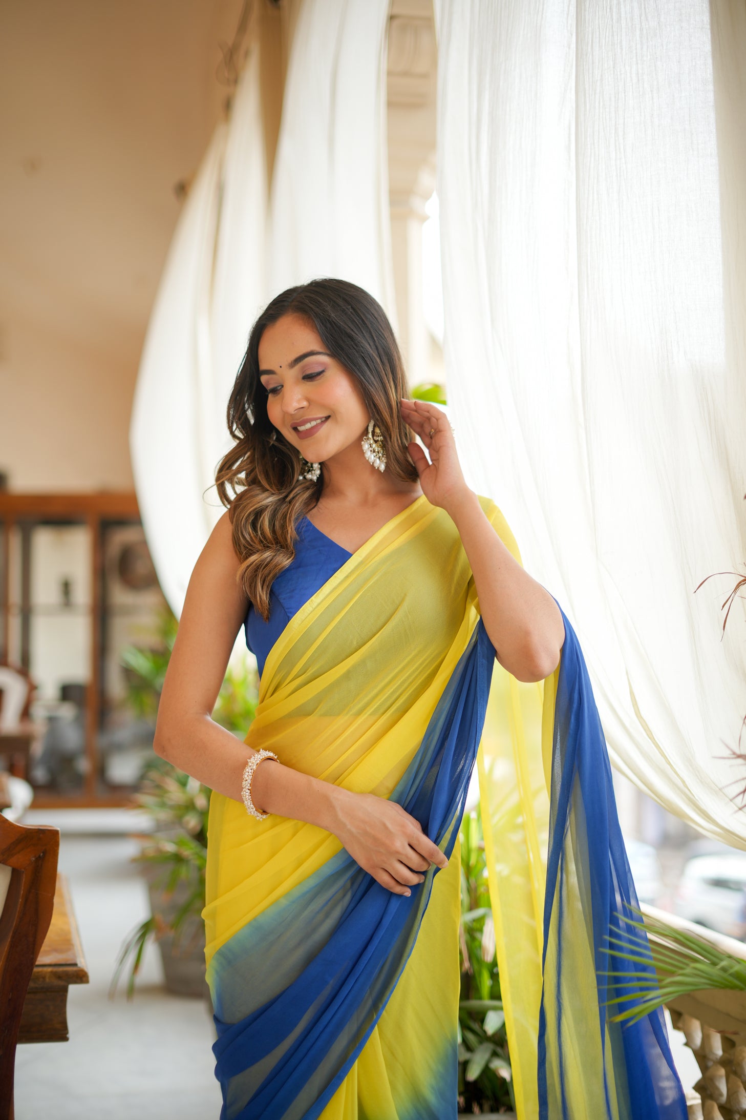 Yellow Blue Shaded Chiffon Saree