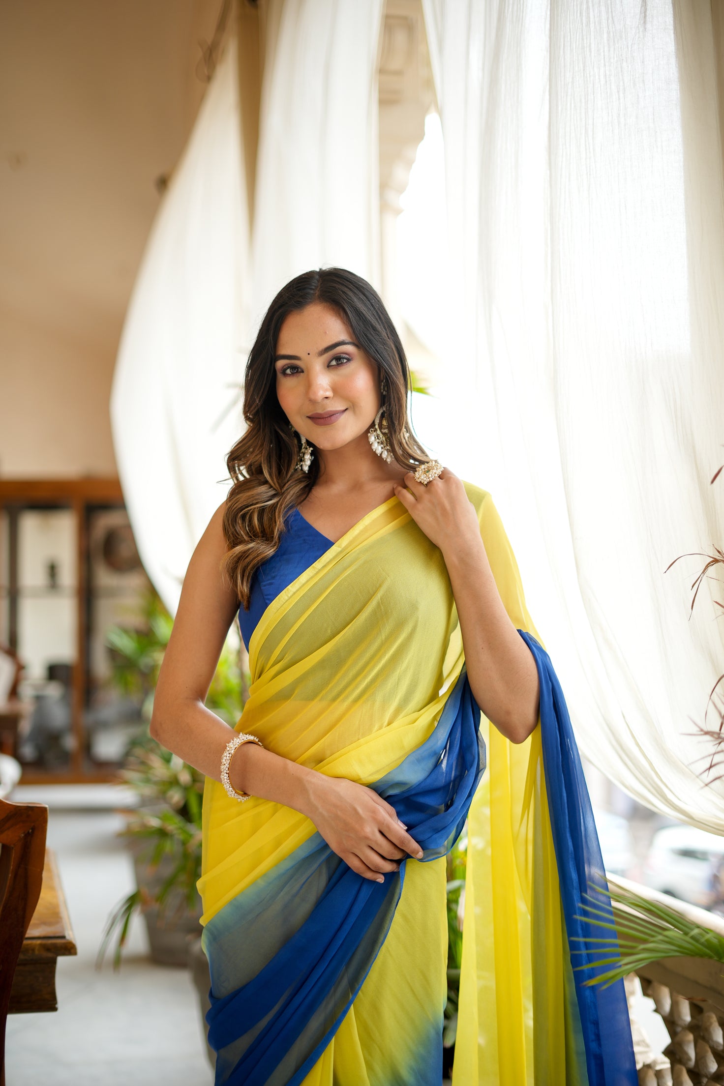 Yellow Blue Shaded Chiffon Saree