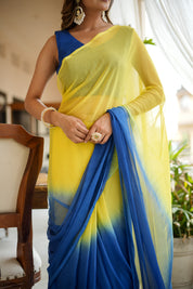 Yellow Blue Shaded Chiffon Saree