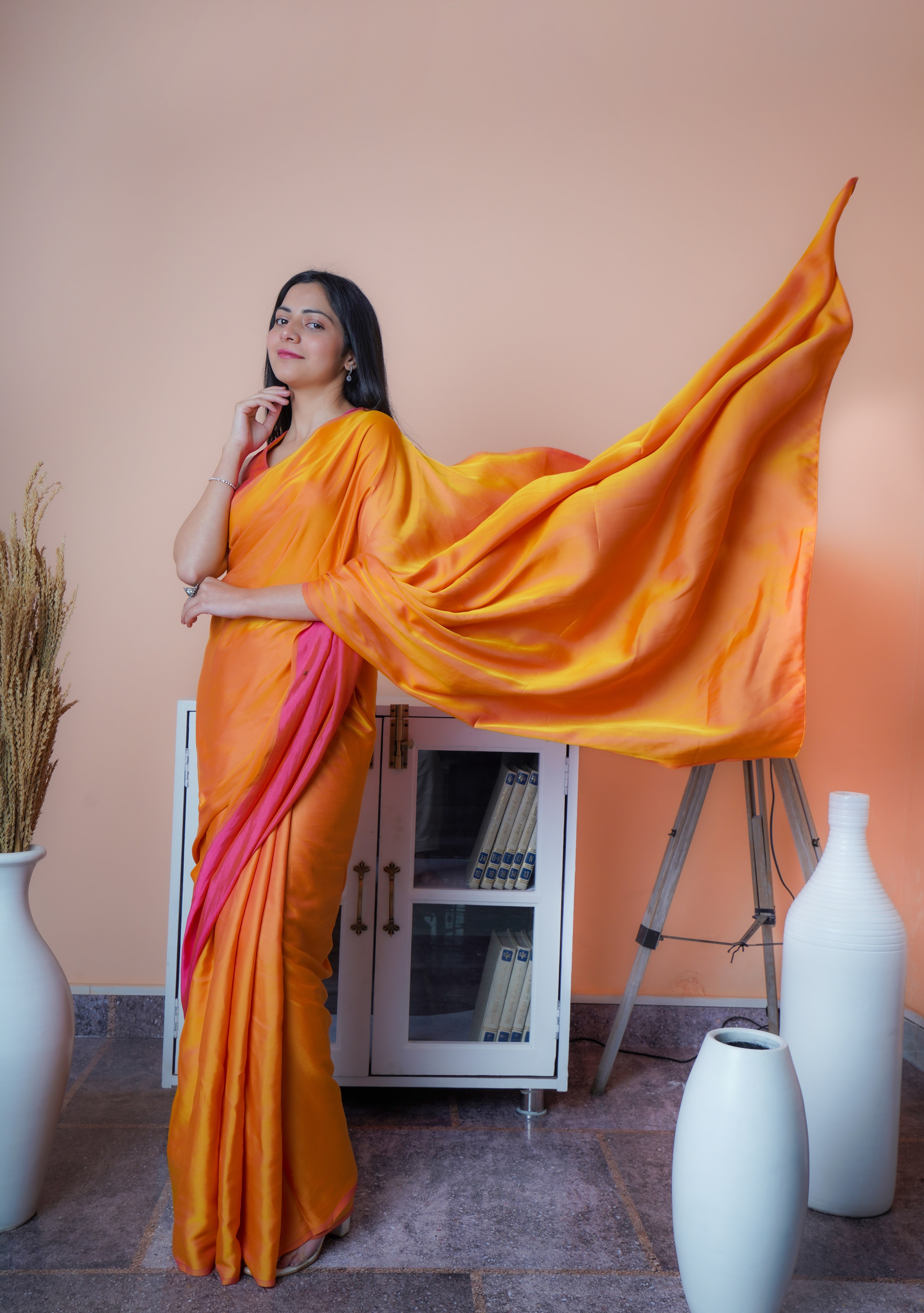 Satin Elegance - Satin Silk Saree (Dual Shade Orange & Pink)