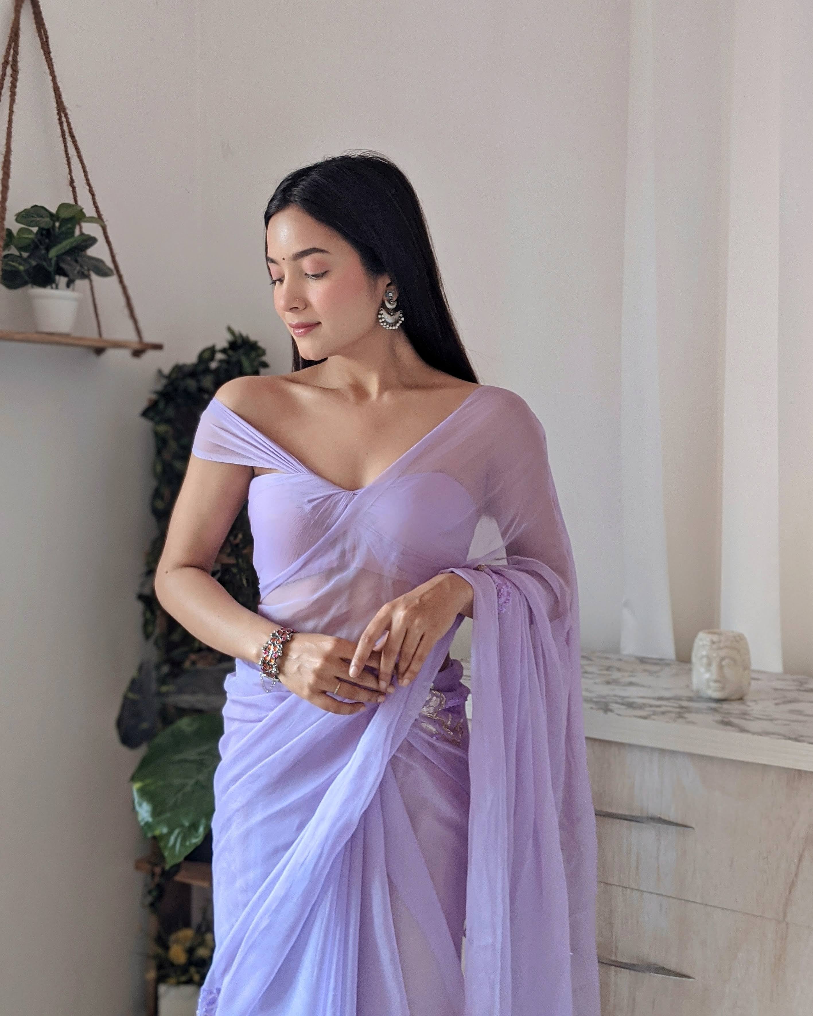 Sequins work Chiffon Saree in Lavender Color - Saree Set ( Picco+Fall+Pre-stitched+Stitched Blouse)