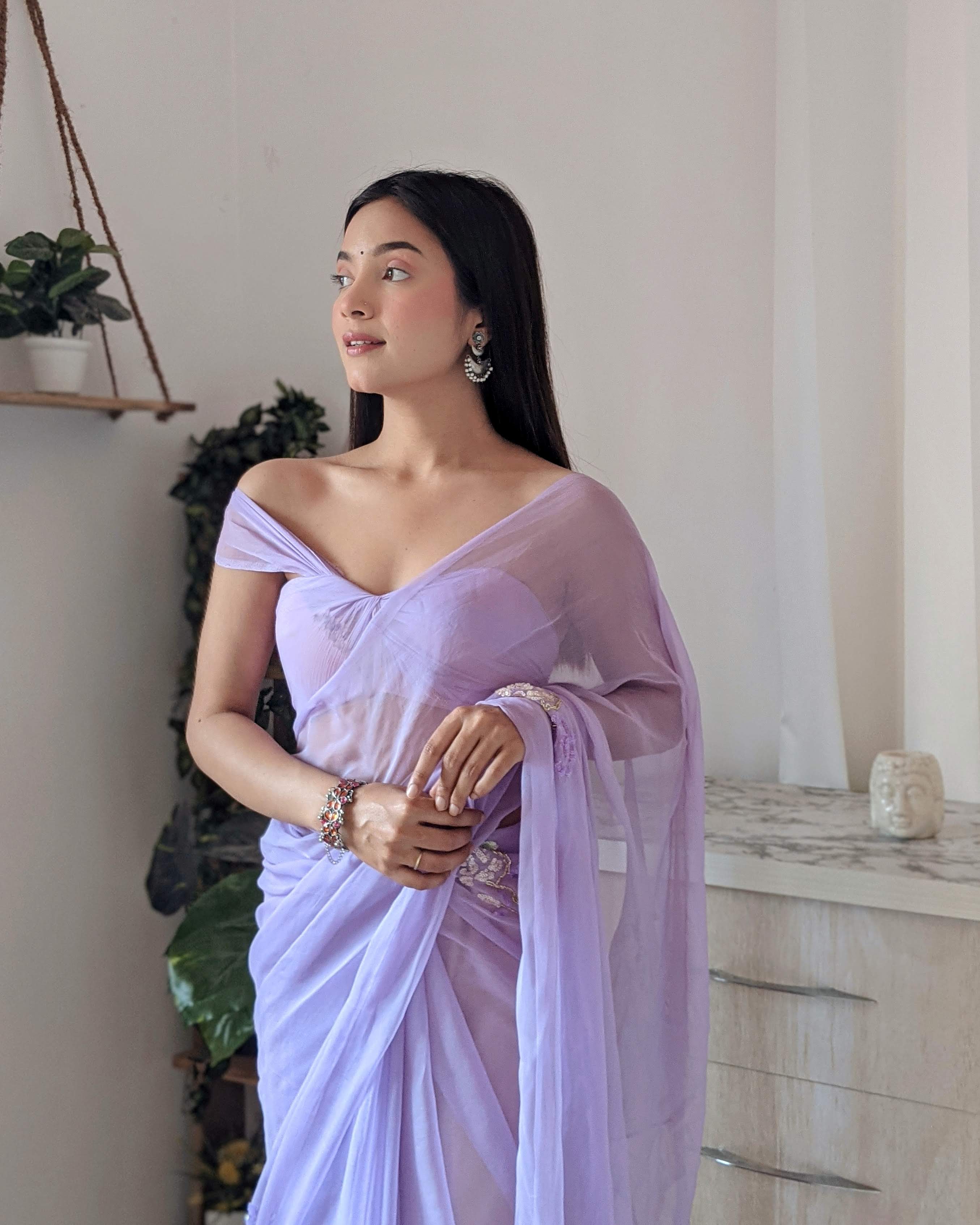 Sequins work Chiffon Saree in Lavender Color - Saree Set ( Picco+Fall+Pre-stitched+Stitched Blouse)
