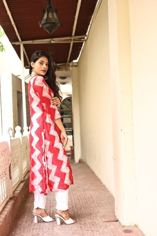 Georgette Kurti and Pant Set - Red and White