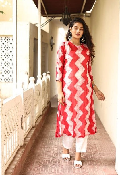 Georgette Kurti and Pant Set - Red and White
