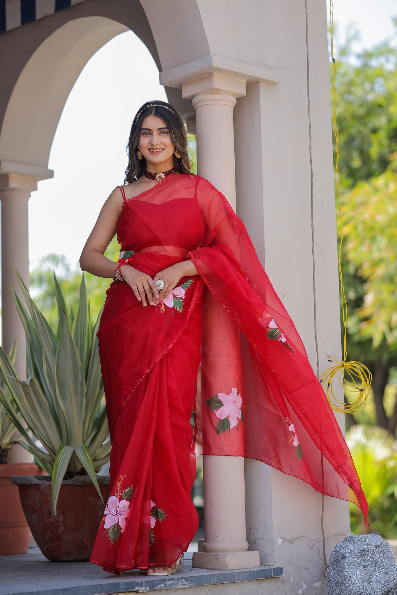 Ruby Radiance (Handpainted Red Organza Saree)