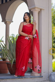 Ruby Radiance (Handpainted Red Organza Saree)