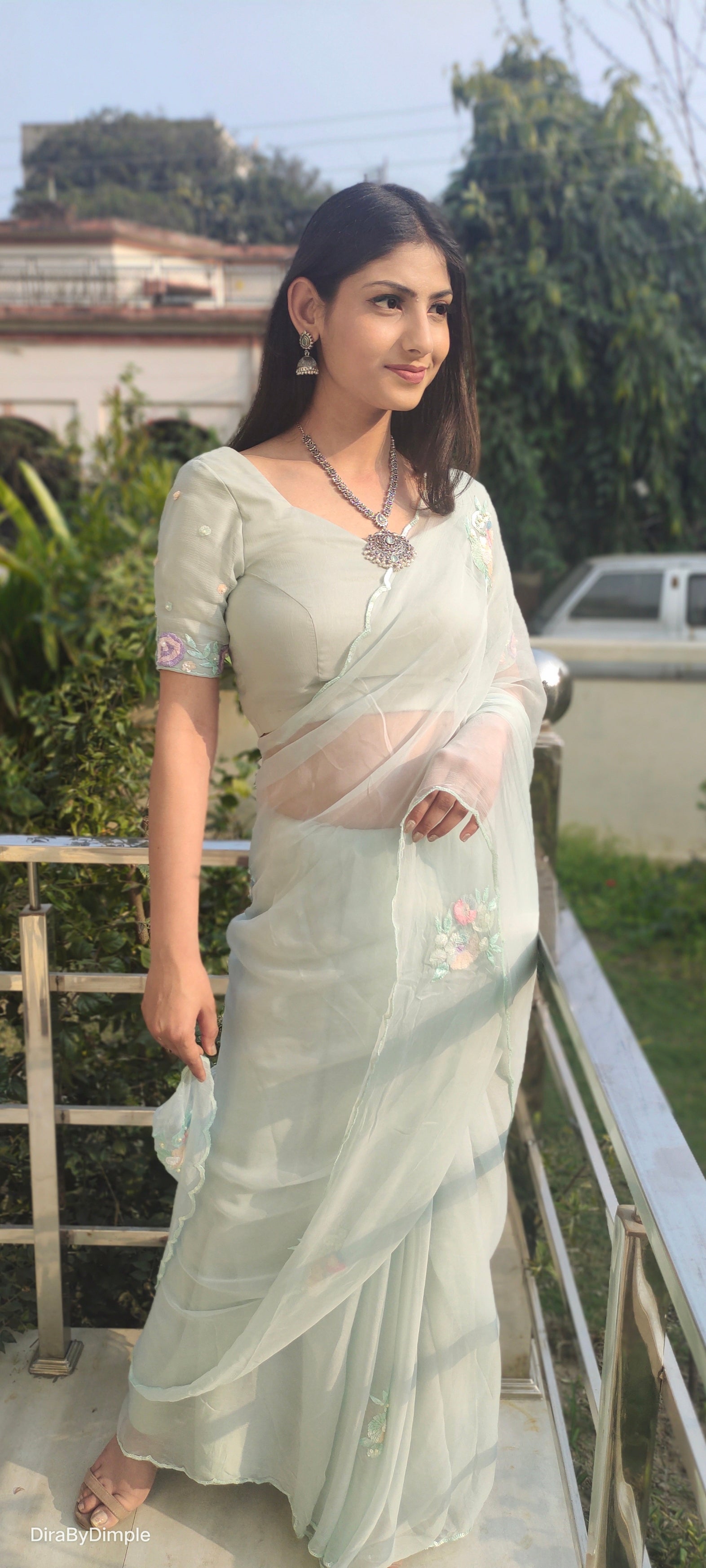 Glitter Grace (Pastel Chiffon Saree with Thread and Sequins Handwork Buttis)