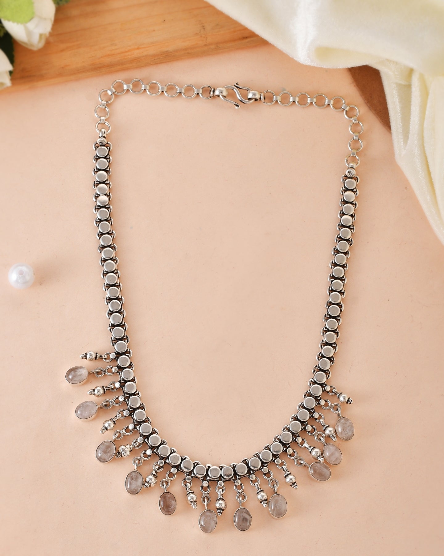 Rose Quartz Silver Beads Necklace