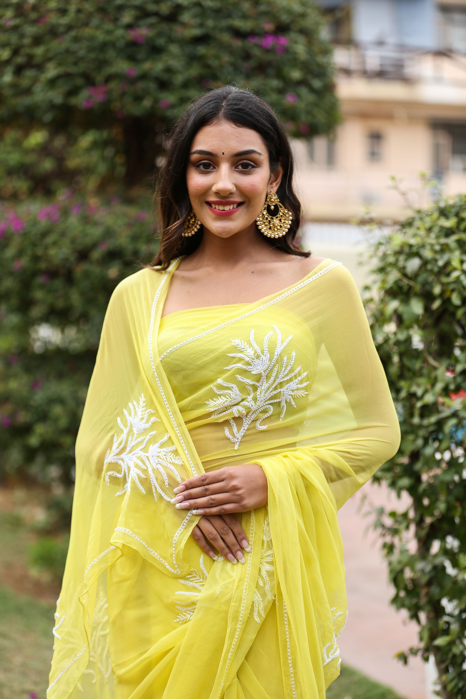 Canary Amour (Pure Chiffon Saree with Pearls Handwork)
