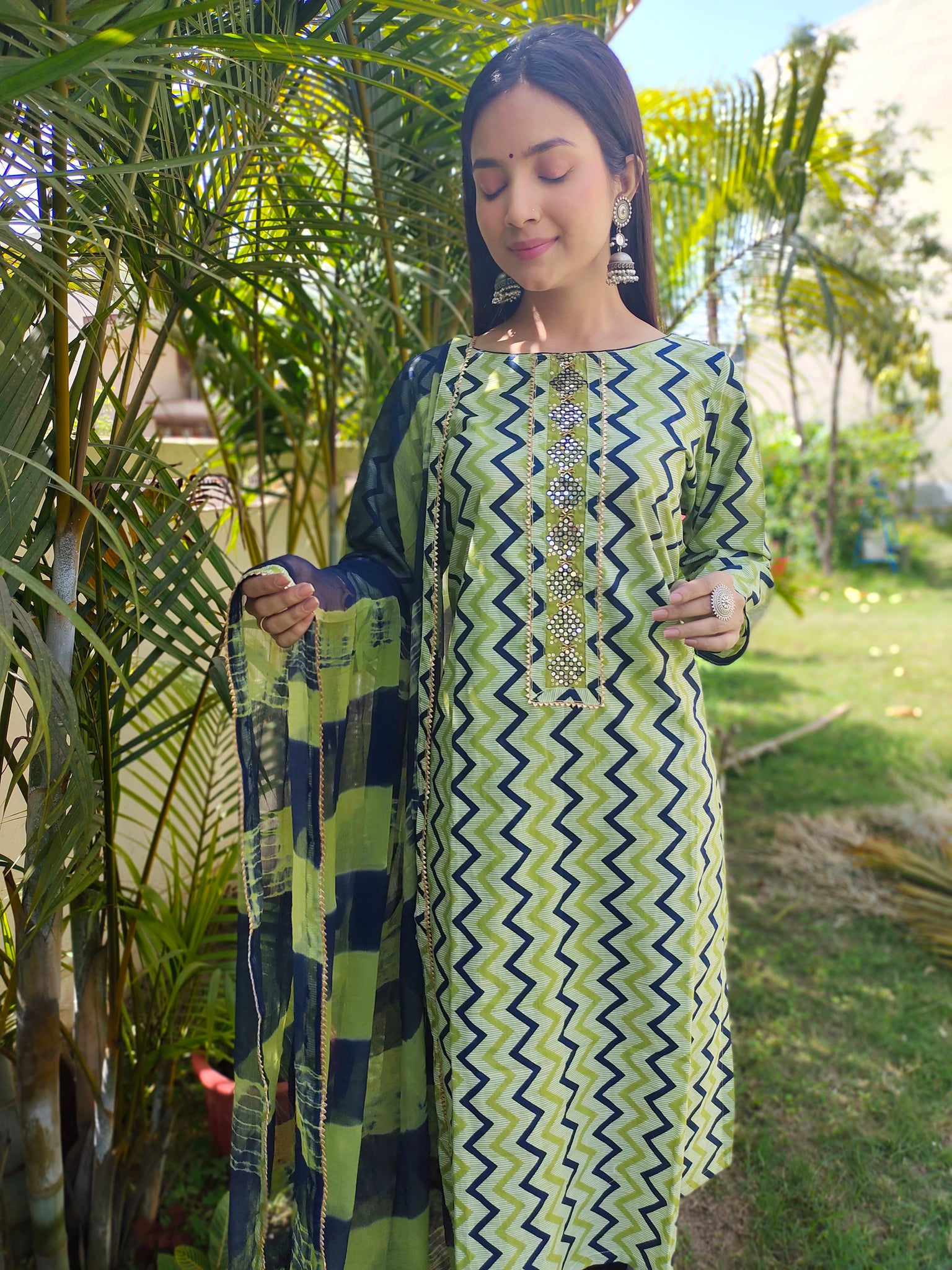 Green and Blue malmal soft cotton Embroidered suit with chiffon Dupatta