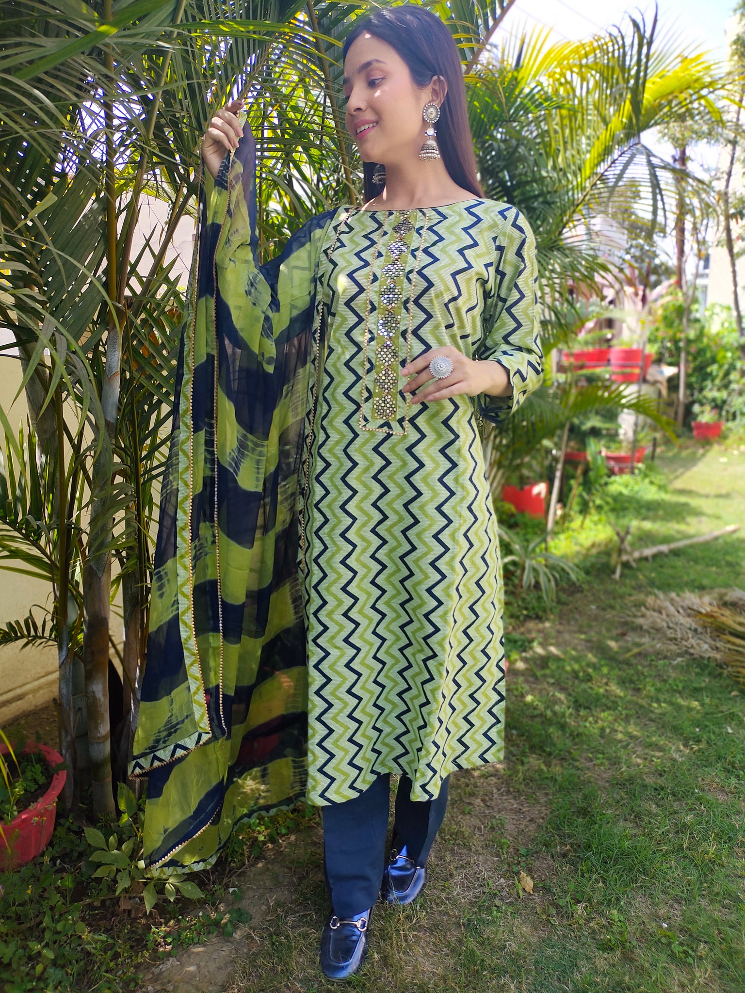 Green and Blue malmal soft cotton Embroidered suit with chiffon Dupatta