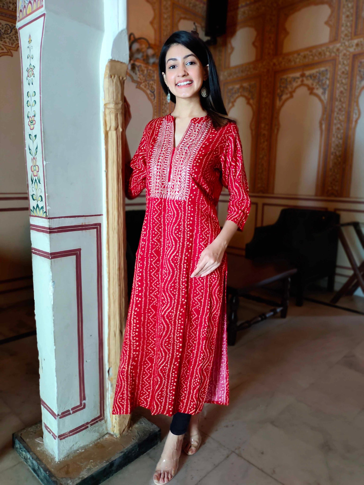 Red Bandhej kurti with Pitten work with White pants