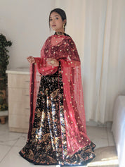 Blue Velvet Lehenga with Colourful threads and sequins