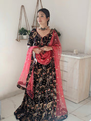 Blue Velvet Lehenga with Colourful threads and sequins