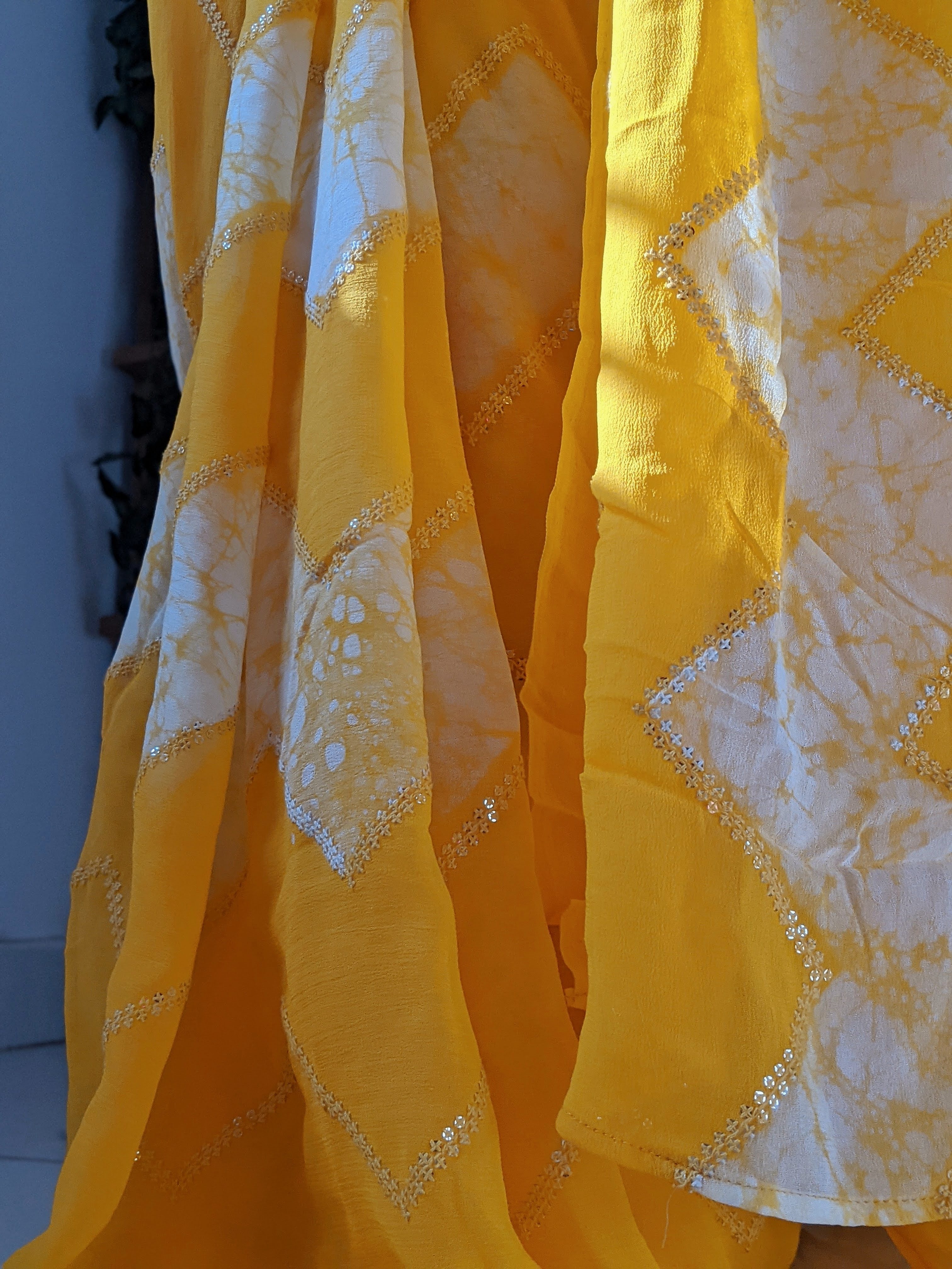 Royal Sunshine (Pure Georgette Thread and Sequins work Shibori Saree)