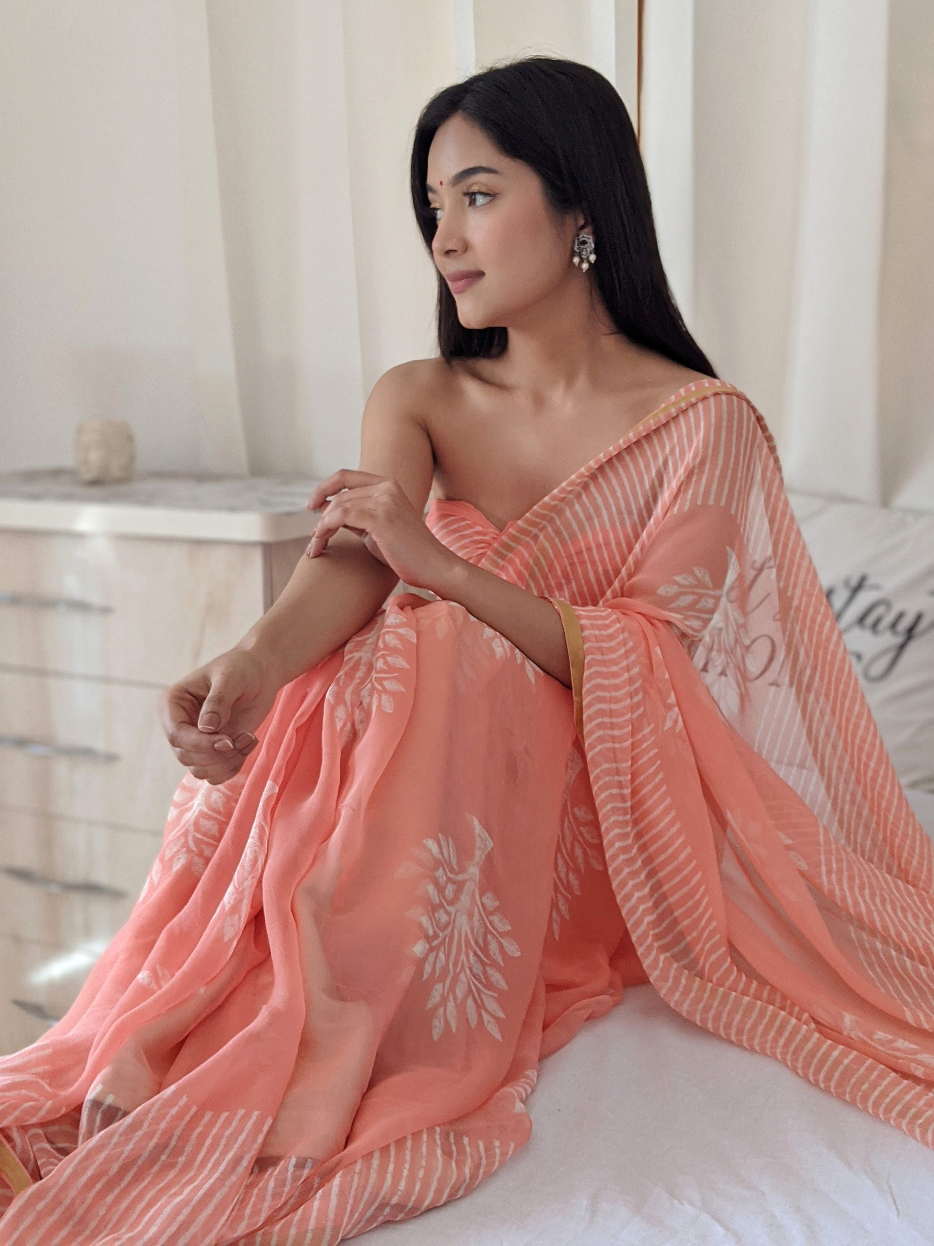 Peach Sorbet and Pearls Pure Silk Chiffon Saree – EAST & GRACE