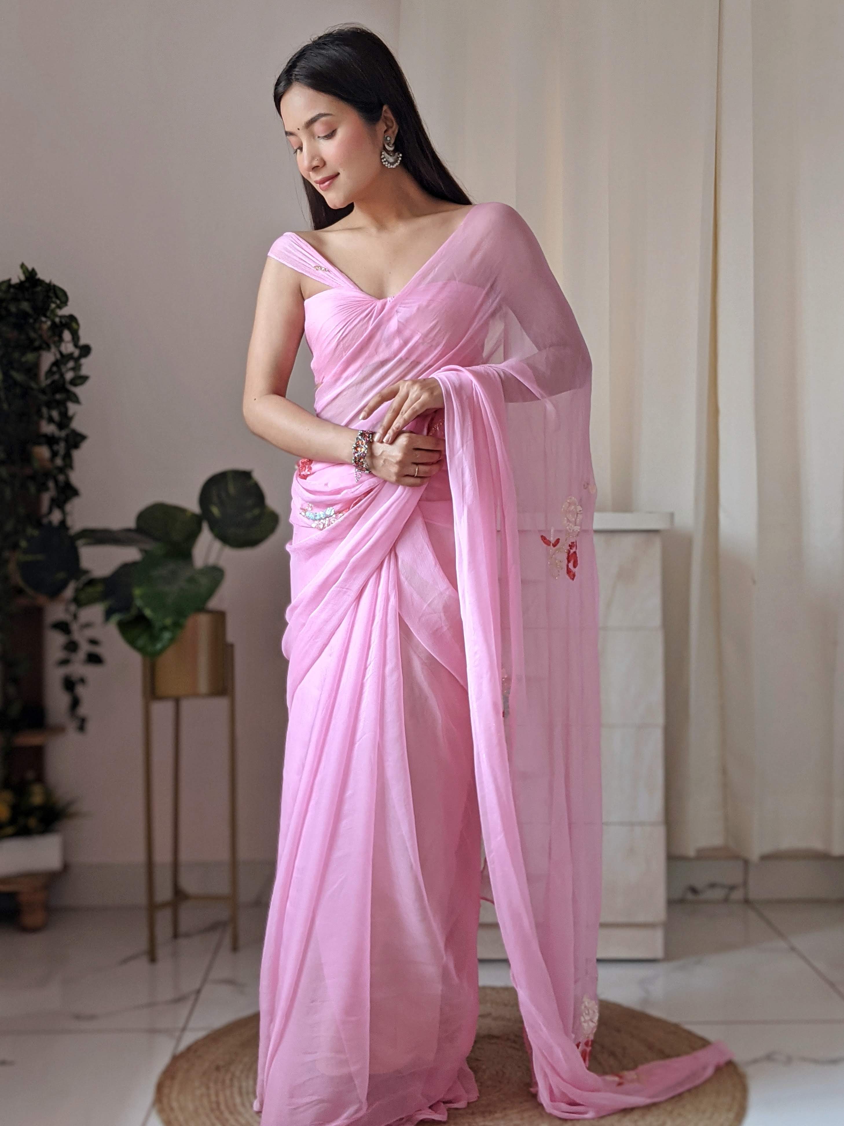 In Full Bloom Bright Pink Saree with Floral Embroidered Blouse – Talking  Threads