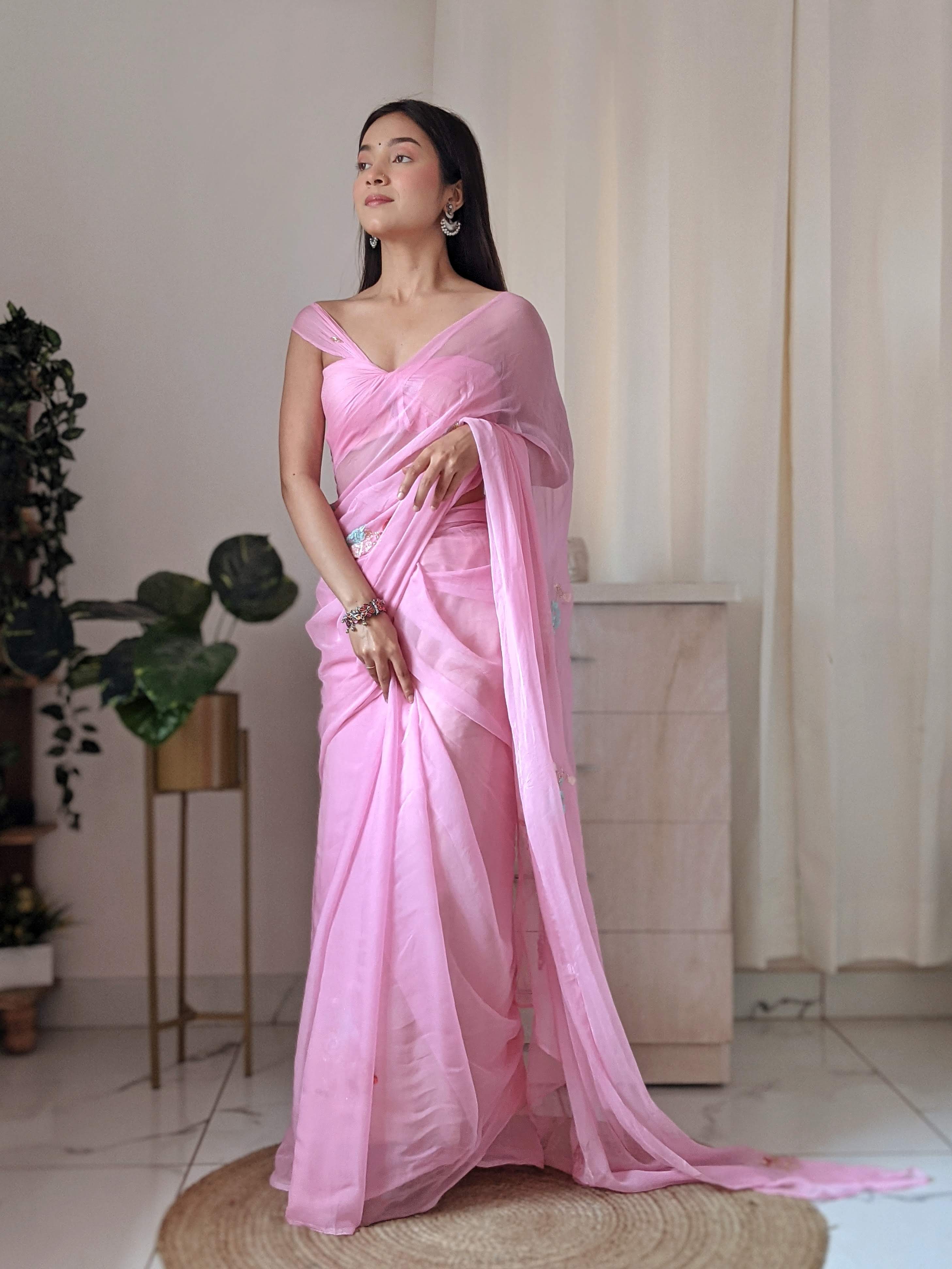 Buy Pink Net Embroidered Floral U Neck Pre-draped Saree With Blouse For  Women by ANJALEE AND ARJUN KAPOOR Online at Aza Fashions.