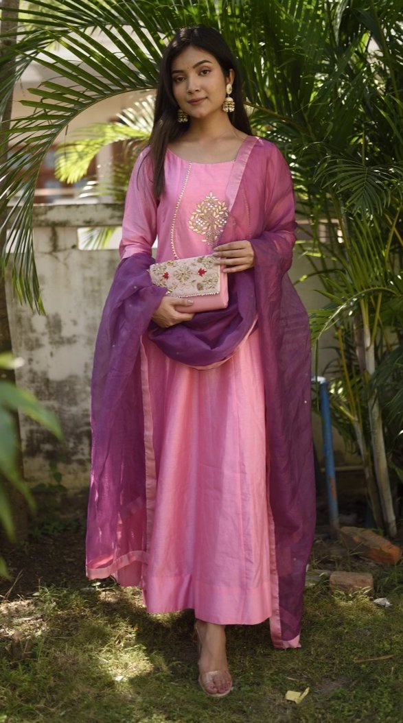 Chanderi Silk Anarkali with Hand Embroidery
